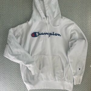 Champion White and Blue Logo Hoodie